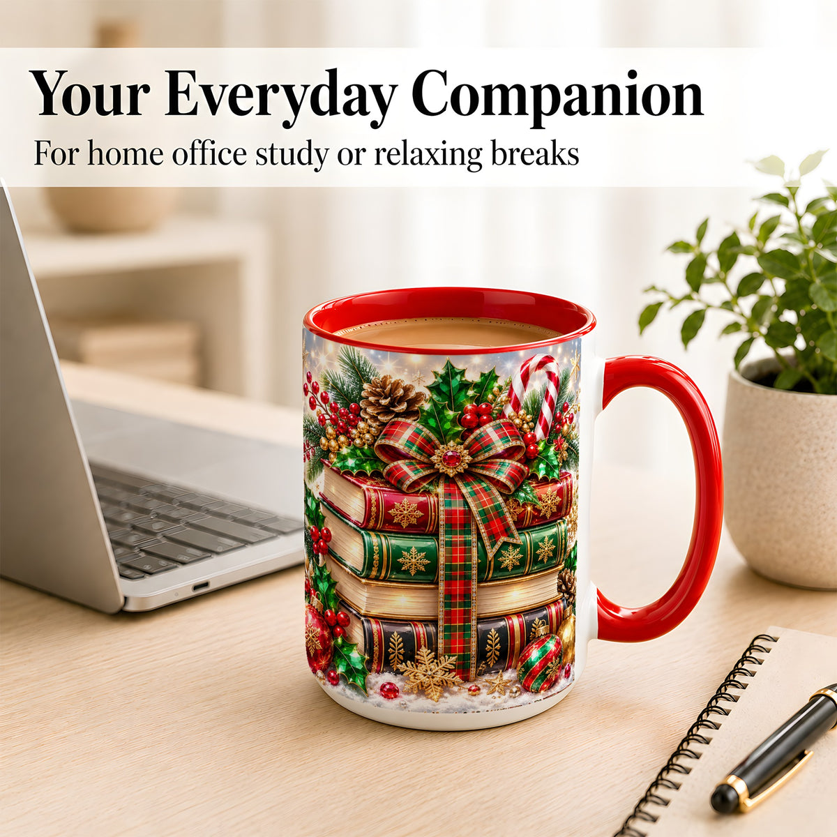 #pl[15oz|Red] Sparkling Christmas Books Coffee Mug, Plaid Bow Holiday Mug, Ceramic Cup