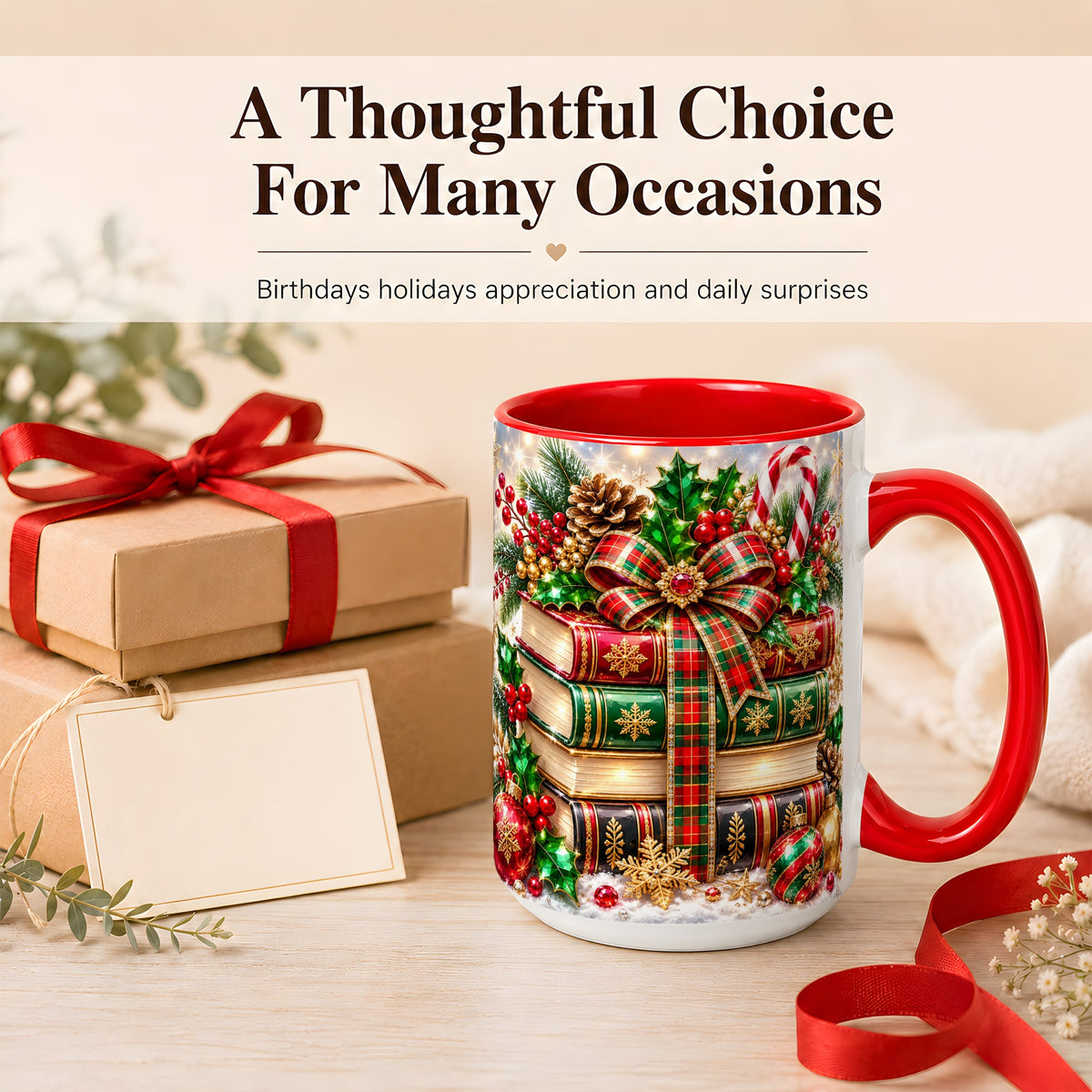 #pl[15oz|Red] Sparkling Christmas Books Coffee Mug, Plaid Bow Holiday Mug, Ceramic Cup