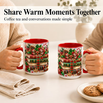 #pl[15oz|Red] Sparkling Christmas Books Coffee Mug, Plaid Bow Holiday Mug, Ceramic Cup
