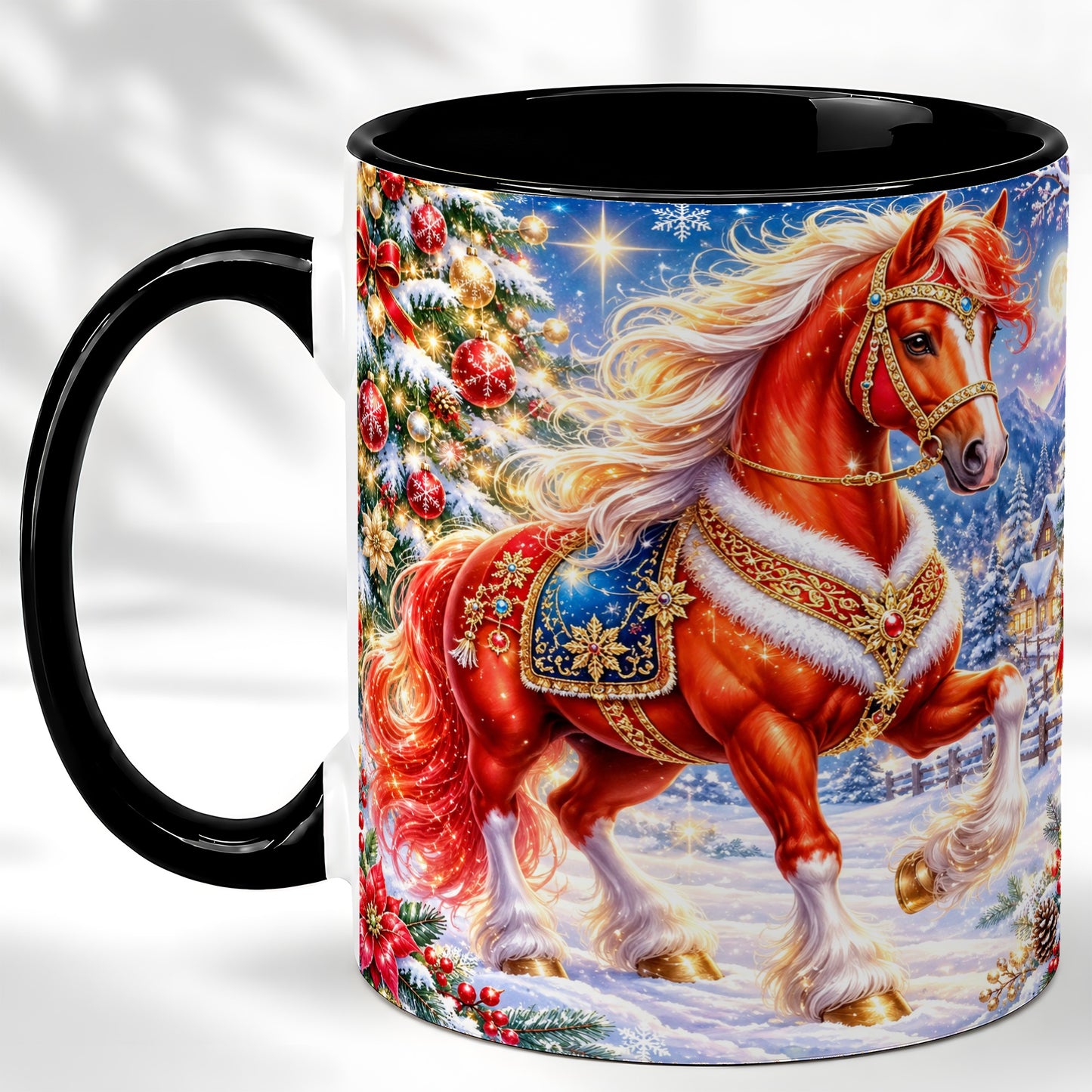#pl[11oz|Black] Christmas Horse Coffee Mug, Winter Horse Mug, Ceramic Cup