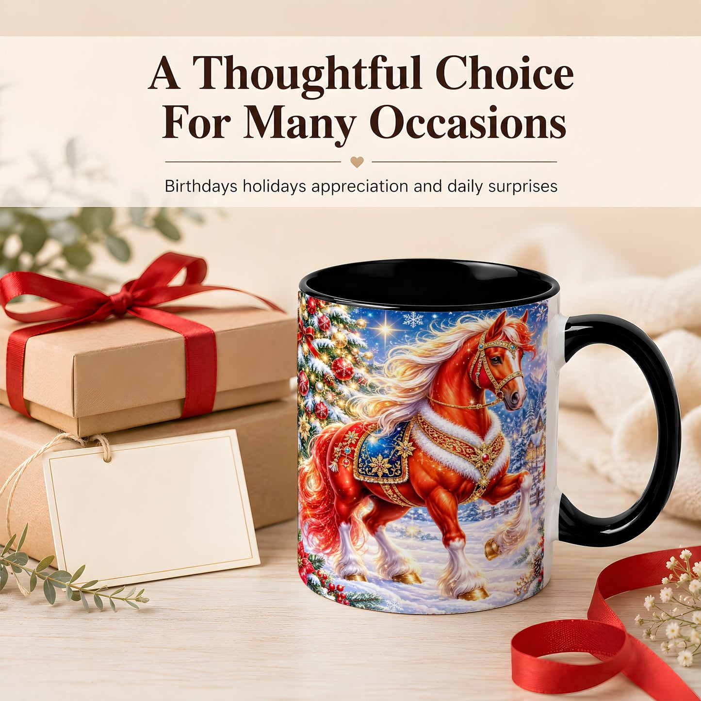#pl[11oz|Black] Christmas Horse Coffee Mug, Winter Horse Mug, Ceramic Cup