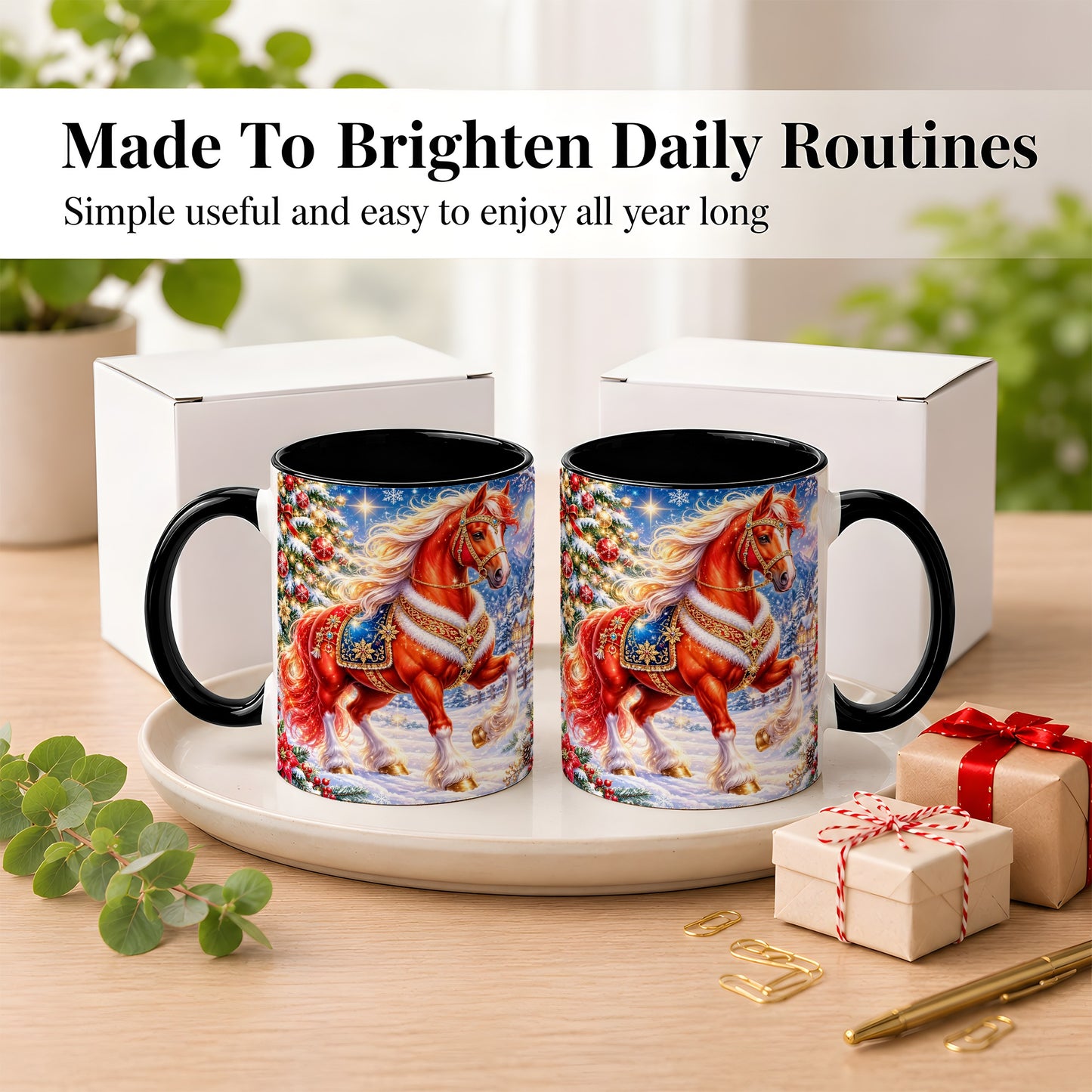 #pl[11oz|Black] Christmas Horse Coffee Mug, Winter Horse Mug, Ceramic Cup