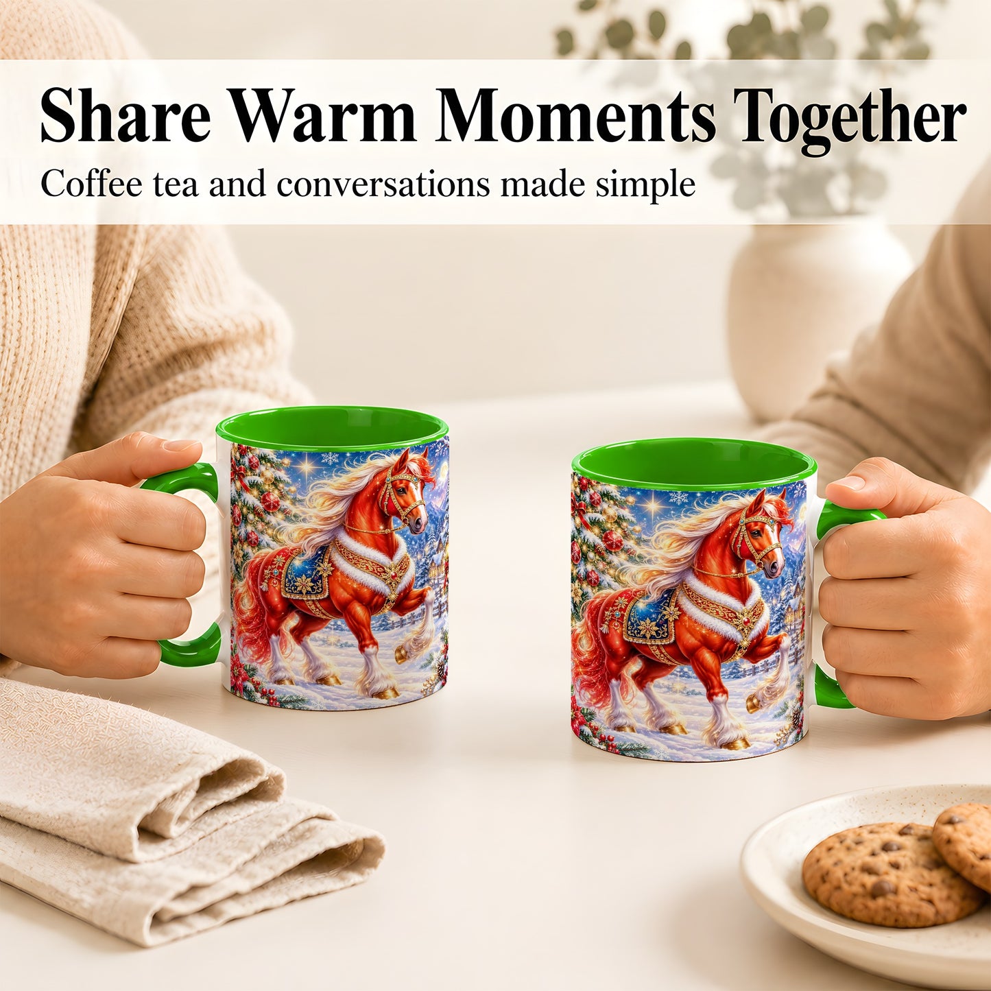 #pl[11oz|Green] Christmas Horse Coffee Mug, Winter Horse Mug, Ceramic Cup