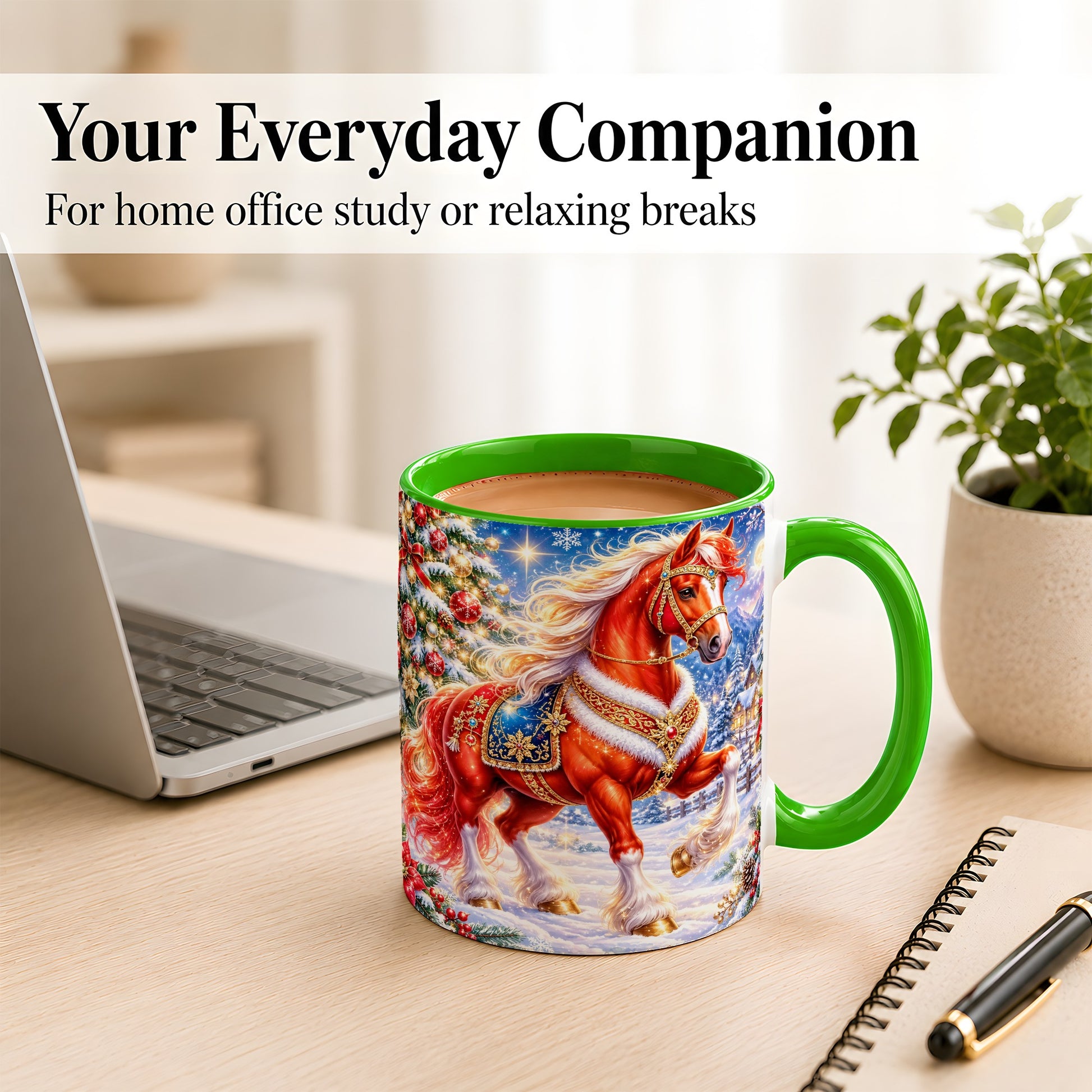 #pl[11oz|Green] Christmas Horse Coffee Mug, Winter Horse Mug, Ceramic Cup