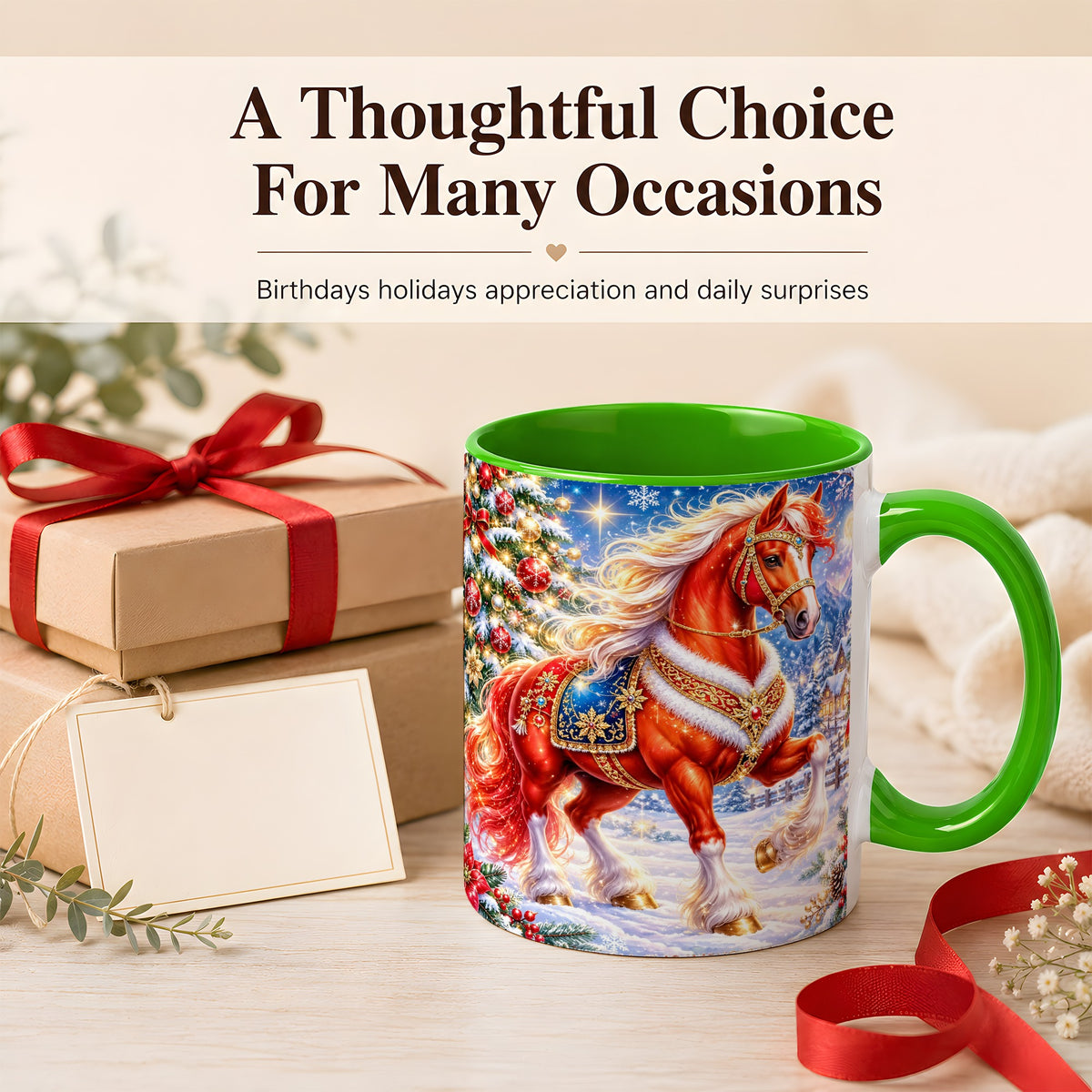 #pl[11oz|Green] Christmas Horse Coffee Mug, Winter Horse Mug, Ceramic Cup