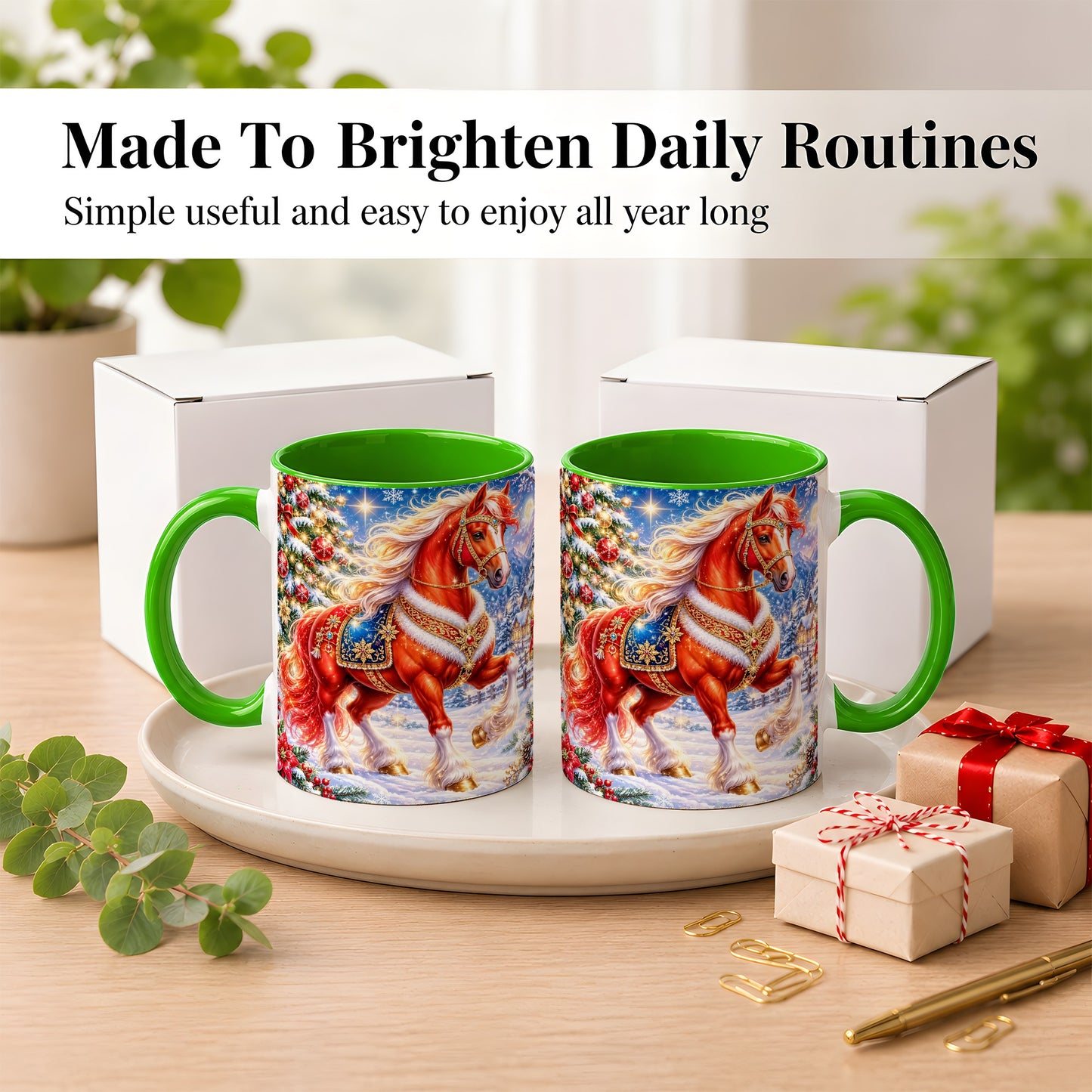 #pl[11oz|Green] Christmas Horse Coffee Mug, Winter Horse Mug, Ceramic Cup