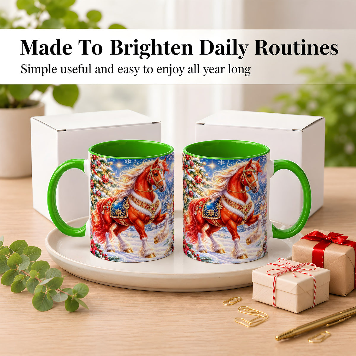 #pl[11oz|Green] Christmas Horse Coffee Mug, Winter Horse Mug, Ceramic Cup