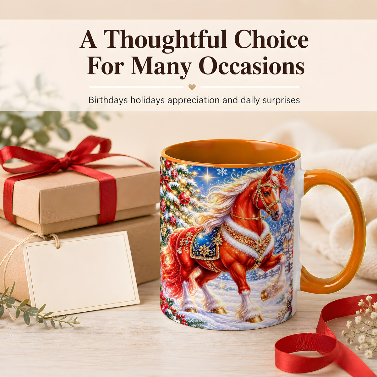 #pl[11oz|Orange] Christmas Horse Coffee Mug, Winter Horse Mug, Ceramic Cup