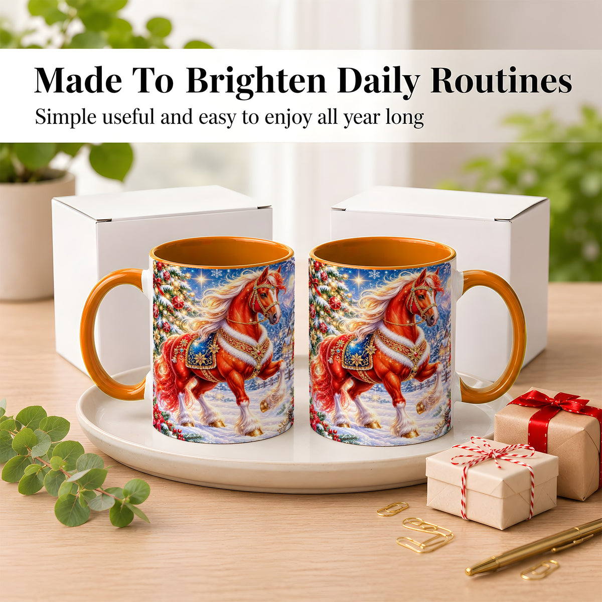 #pl[11oz|Orange] Christmas Horse Coffee Mug, Winter Horse Mug, Ceramic Cup
