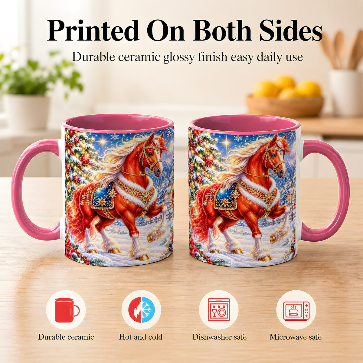 #pl[11oz|Pink] Christmas Horse Coffee Mug, Winter Horse Mug, Ceramic Cup