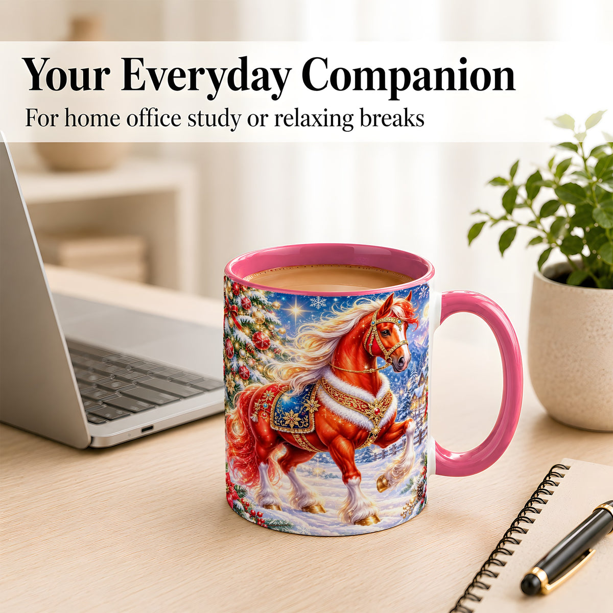 #pl[11oz|Pink] Christmas Horse Coffee Mug, Winter Horse Mug, Ceramic Cup