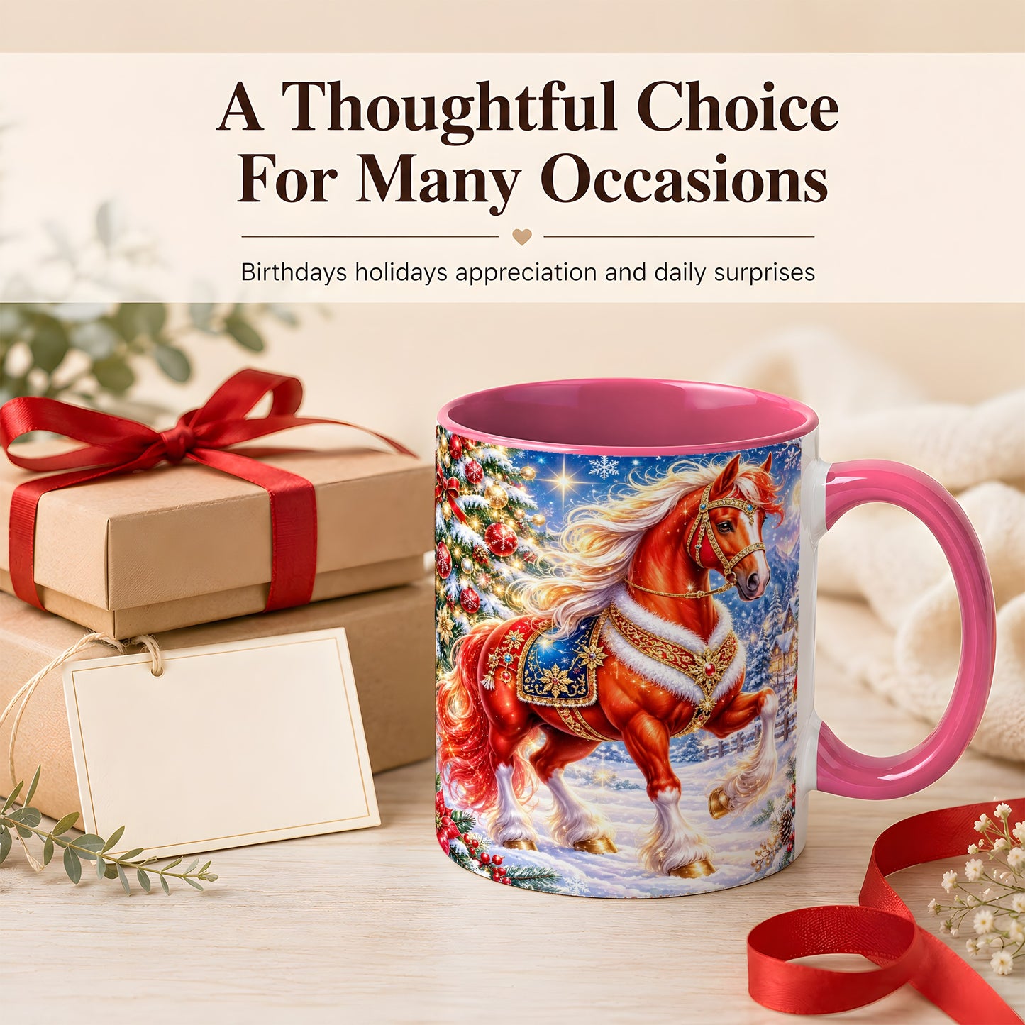 #pl[11oz|Pink] Christmas Horse Coffee Mug, Winter Horse Mug, Ceramic Cup