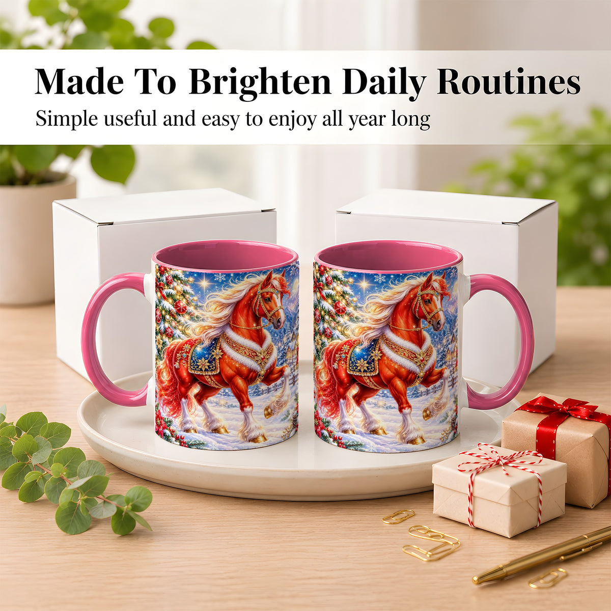#pl[11oz|Pink] Christmas Horse Coffee Mug, Winter Horse Mug, Ceramic Cup