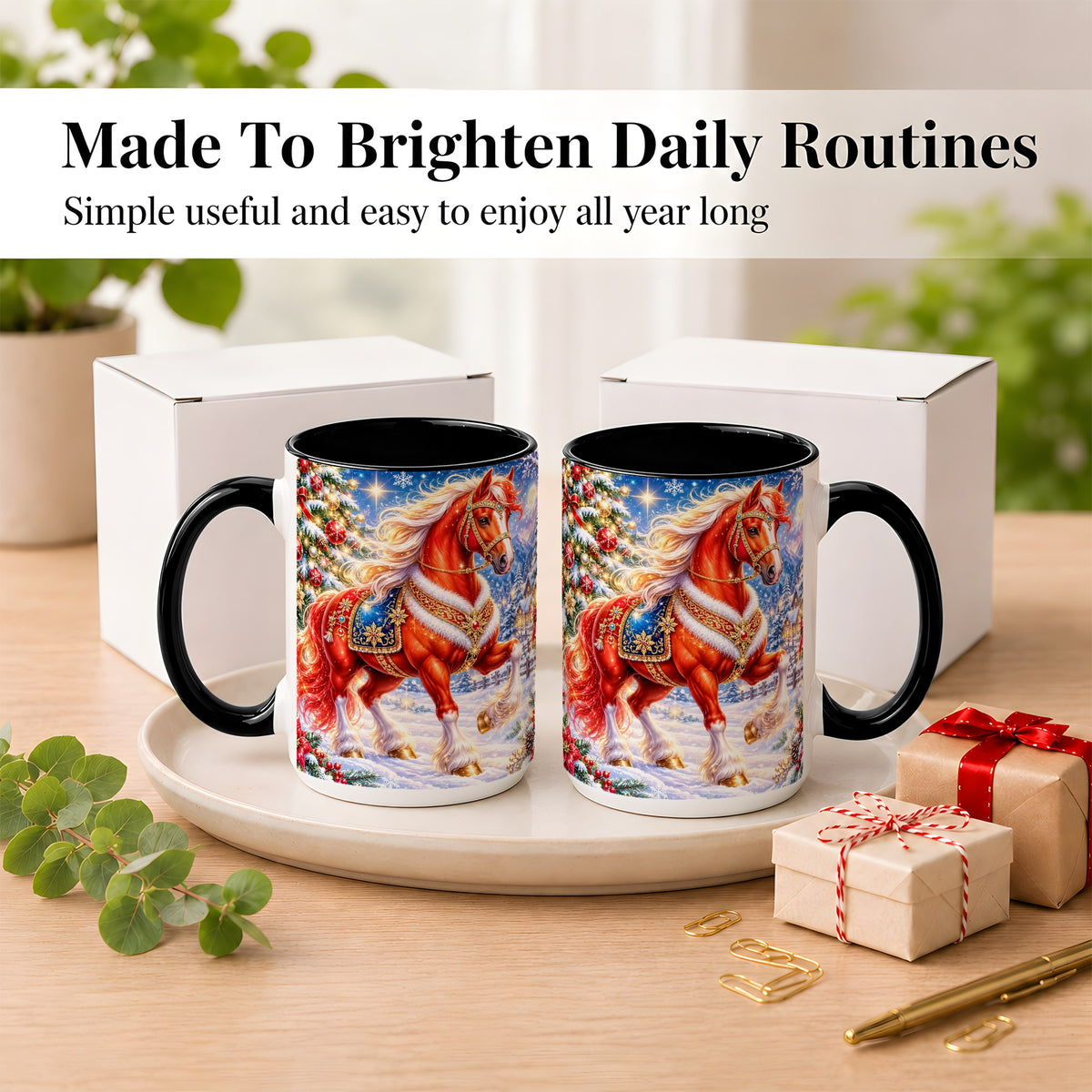 #pl[15oz|Black] Christmas Horse Coffee Mug, Winter Horse Mug, Ceramic Cup