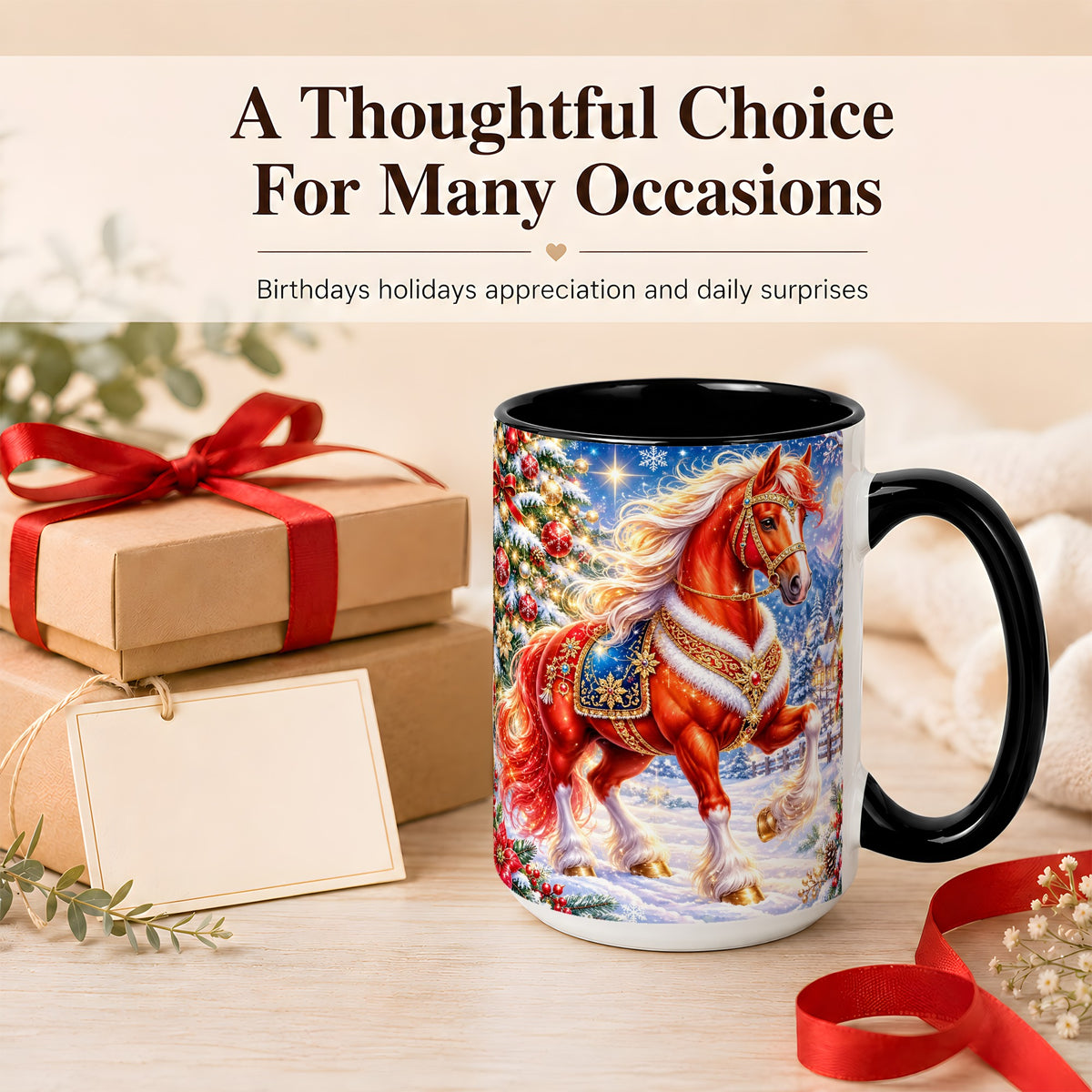 #pl[15oz|Black] Christmas Horse Coffee Mug, Winter Horse Mug, Ceramic Cup