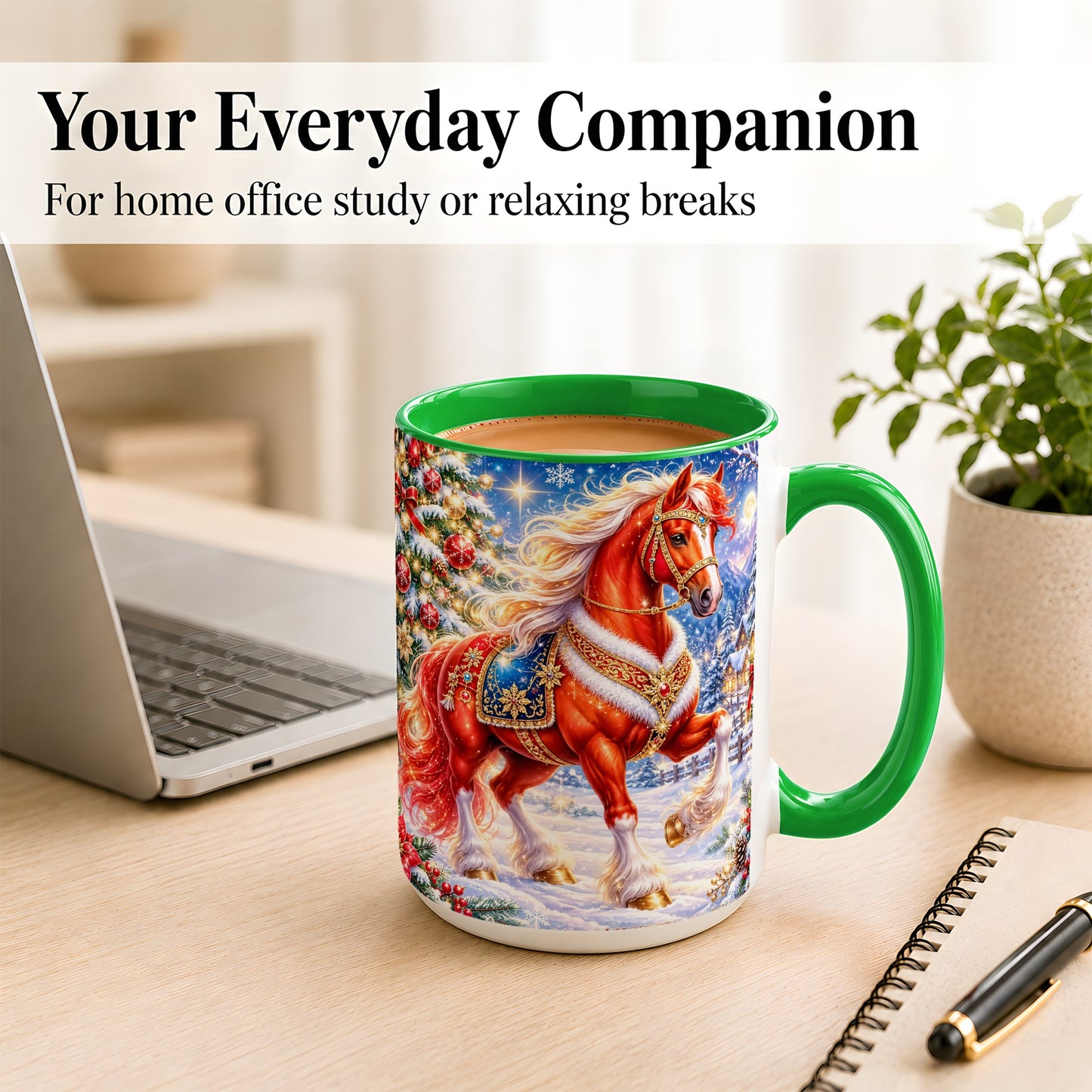 #pl[15oz|Green] Christmas Horse Coffee Mug, Winter Horse Mug, Ceramic Cup