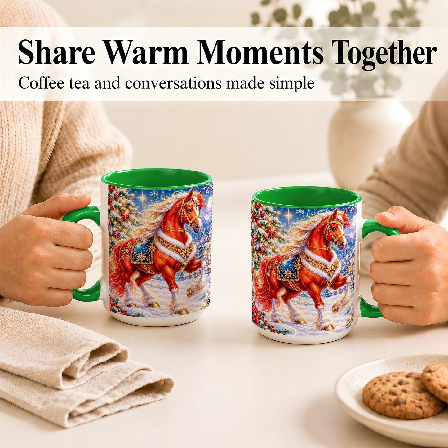 #pl[15oz|Green] Christmas Horse Coffee Mug, Winter Horse Mug, Ceramic Cup