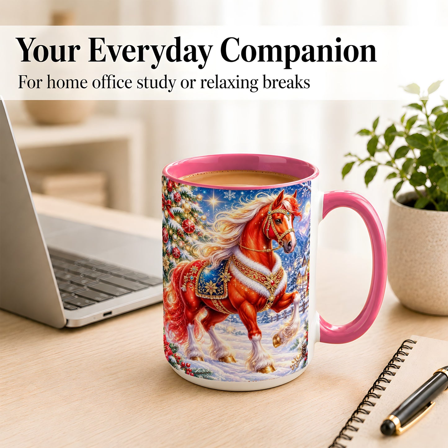 #pl[15oz|Pink] Christmas Horse Coffee Mug, Winter Horse Mug, Ceramic Cup