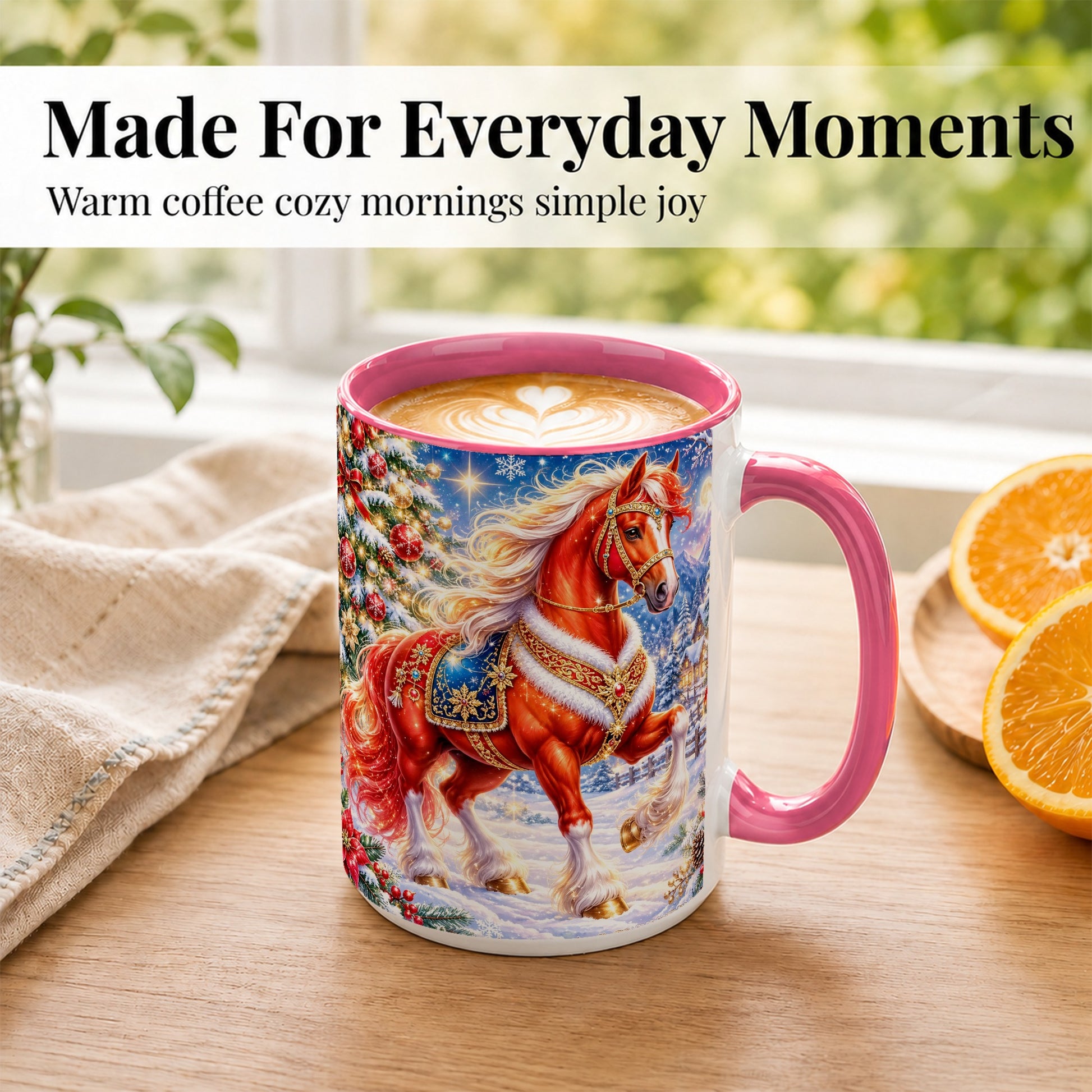 #pl[15oz|Pink] Christmas Horse Coffee Mug, Winter Horse Mug, Ceramic Cup