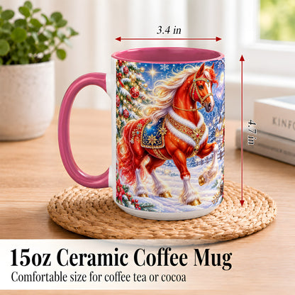 #pl[15oz|Pink] Christmas Horse Coffee Mug, Winter Horse Mug, Ceramic Cup