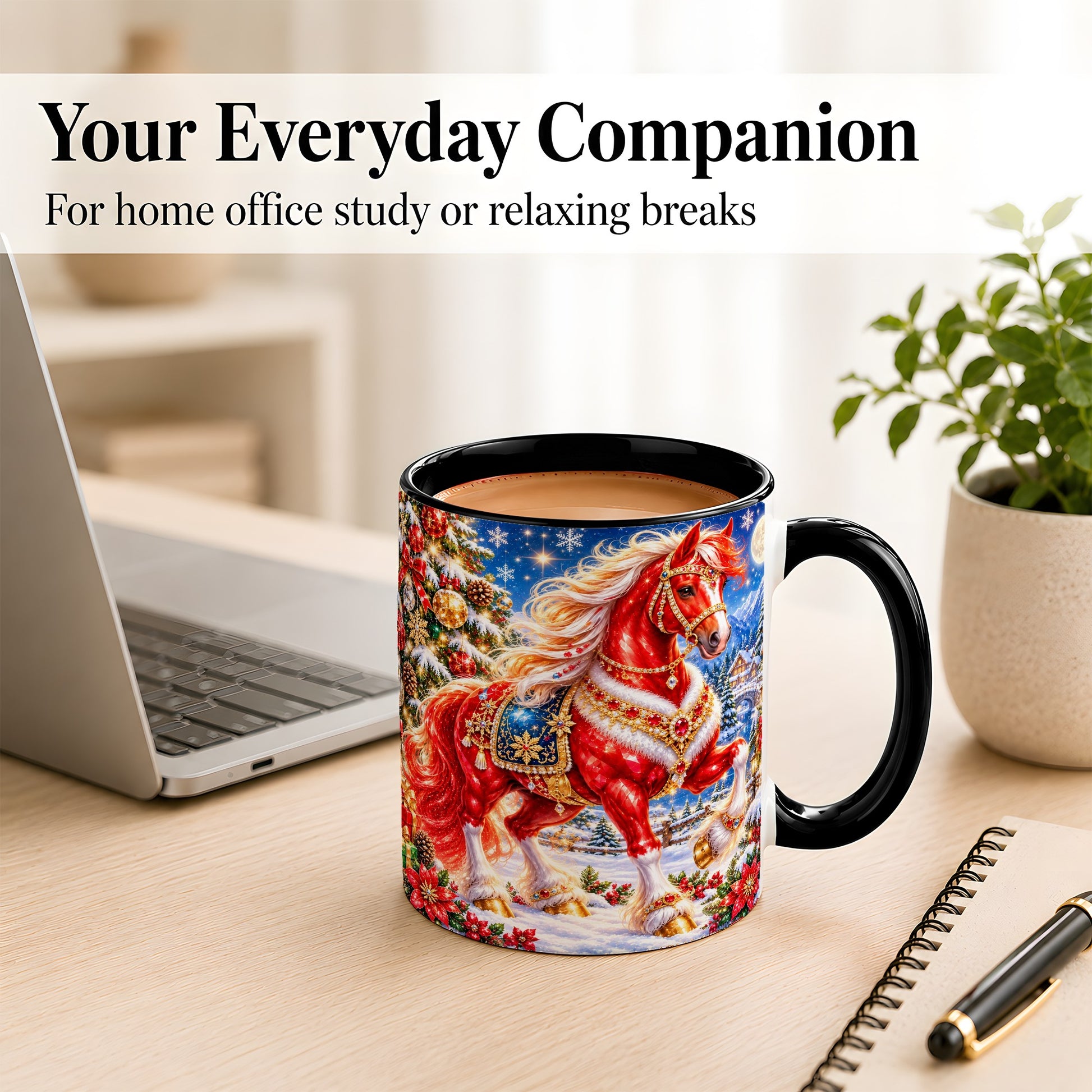 #pl[11oz|Black] Jeweled Christmas Horse Coffee Mug, Red Horse Mug, Ceramic Cup