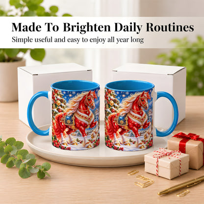 #pl[11oz|Blue] Jeweled Christmas Horse Coffee Mug, Red Horse Mug, Ceramic Cup
