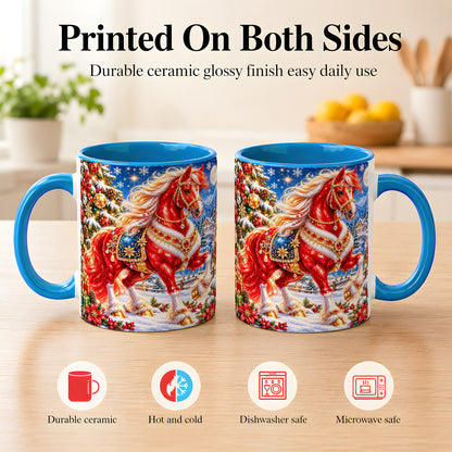 #pl[11oz|Blue] Jeweled Christmas Horse Coffee Mug, Red Horse Mug, Ceramic Cup