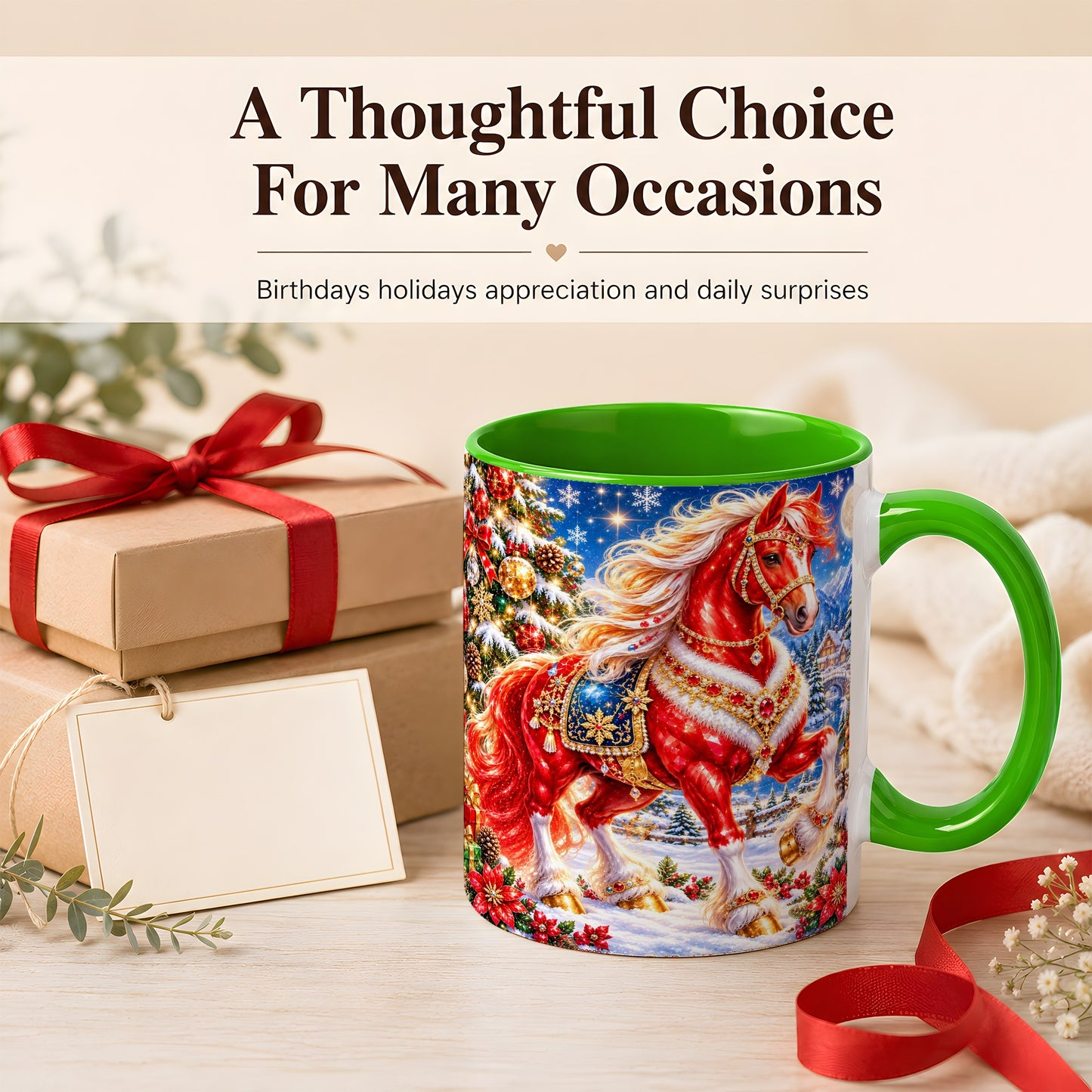 #pl[11oz|Green] Jeweled Christmas Horse Coffee Mug, Red Horse Mug, Ceramic Cup