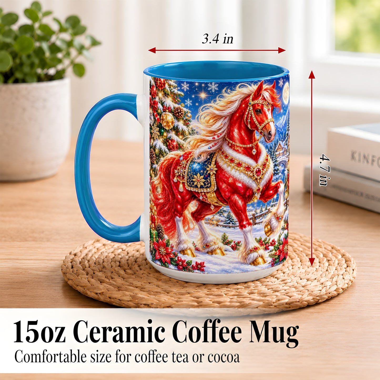 #pl[15oz|Blue] Jeweled Christmas Horse Coffee Mug, Red Horse Mug, Ceramic Cup