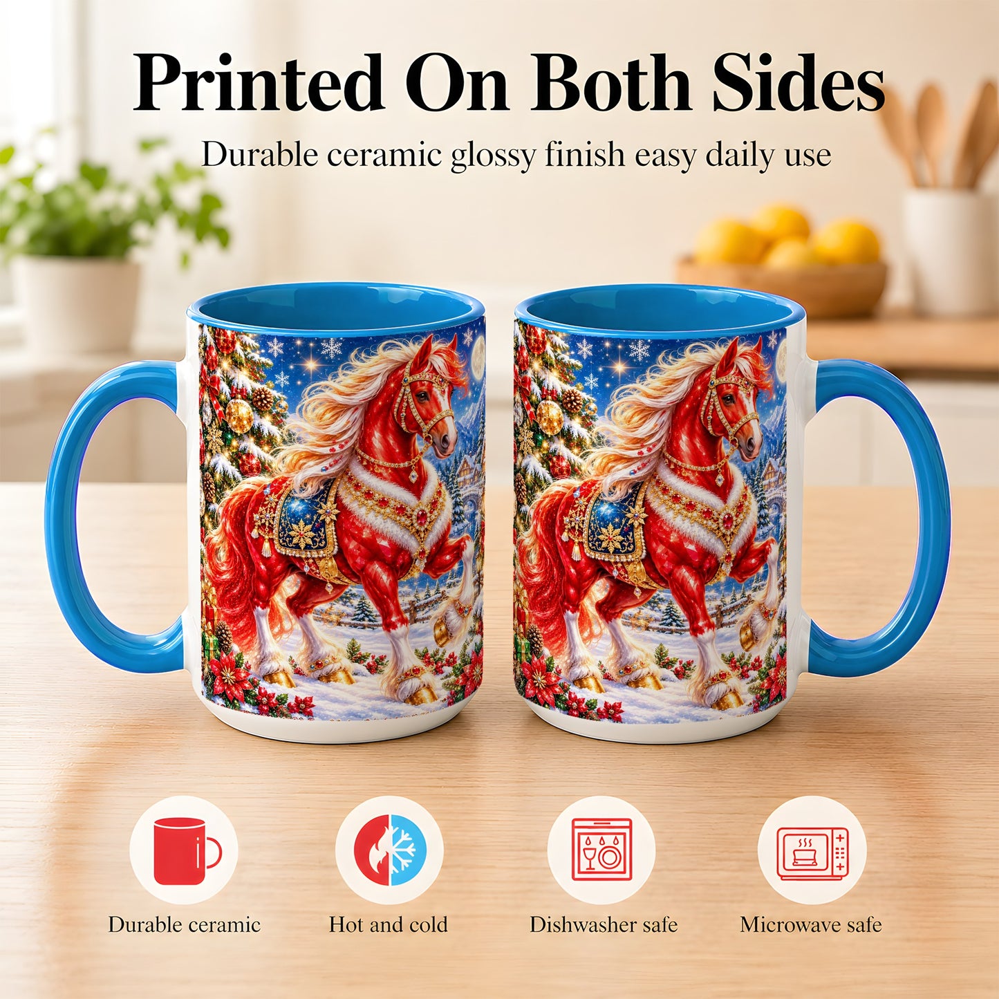 #pl[15oz|Blue] Jeweled Christmas Horse Coffee Mug, Red Horse Mug, Ceramic Cup