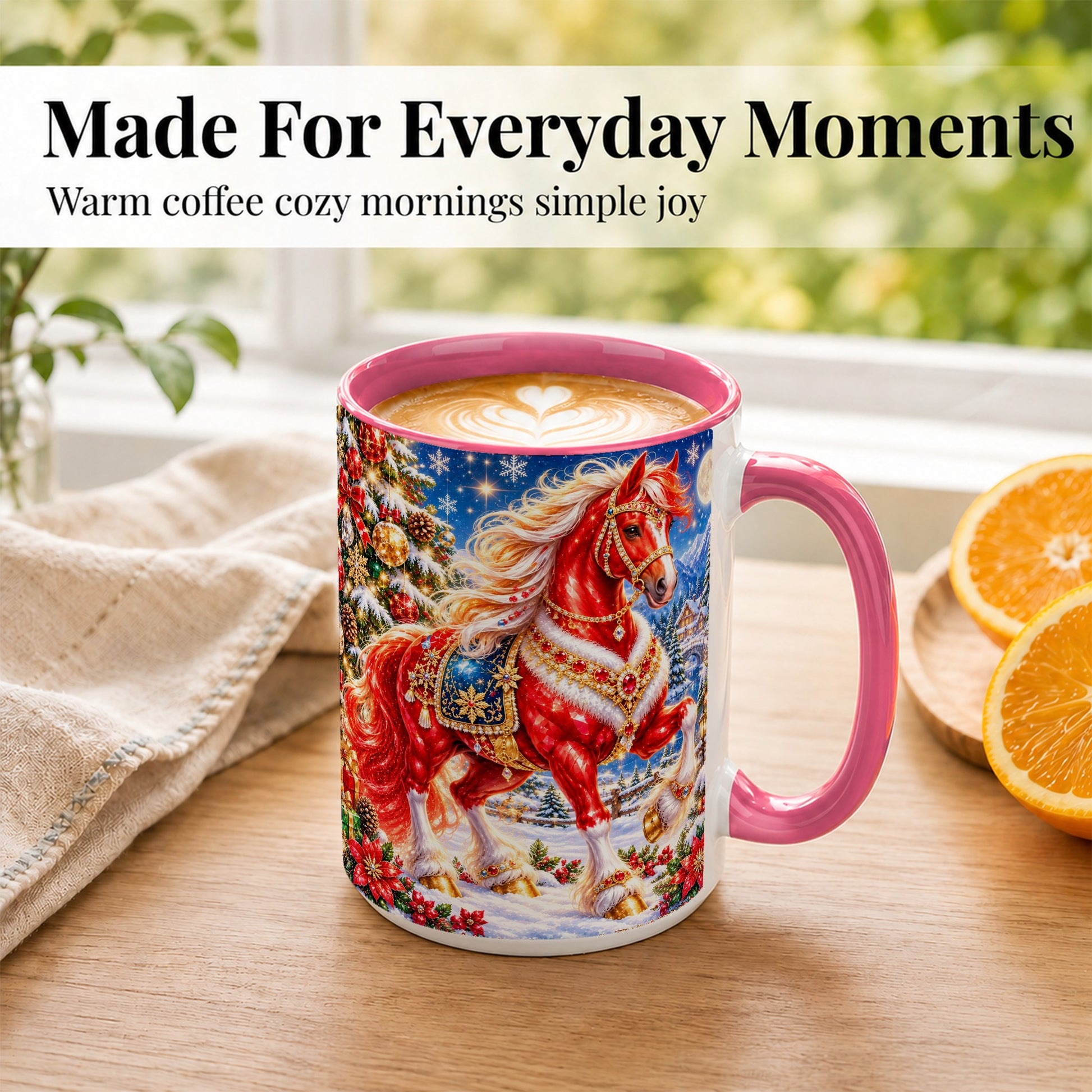#pl[15oz|Pink] Jeweled Christmas Horse Coffee Mug, Red Horse Mug, Ceramic Cup