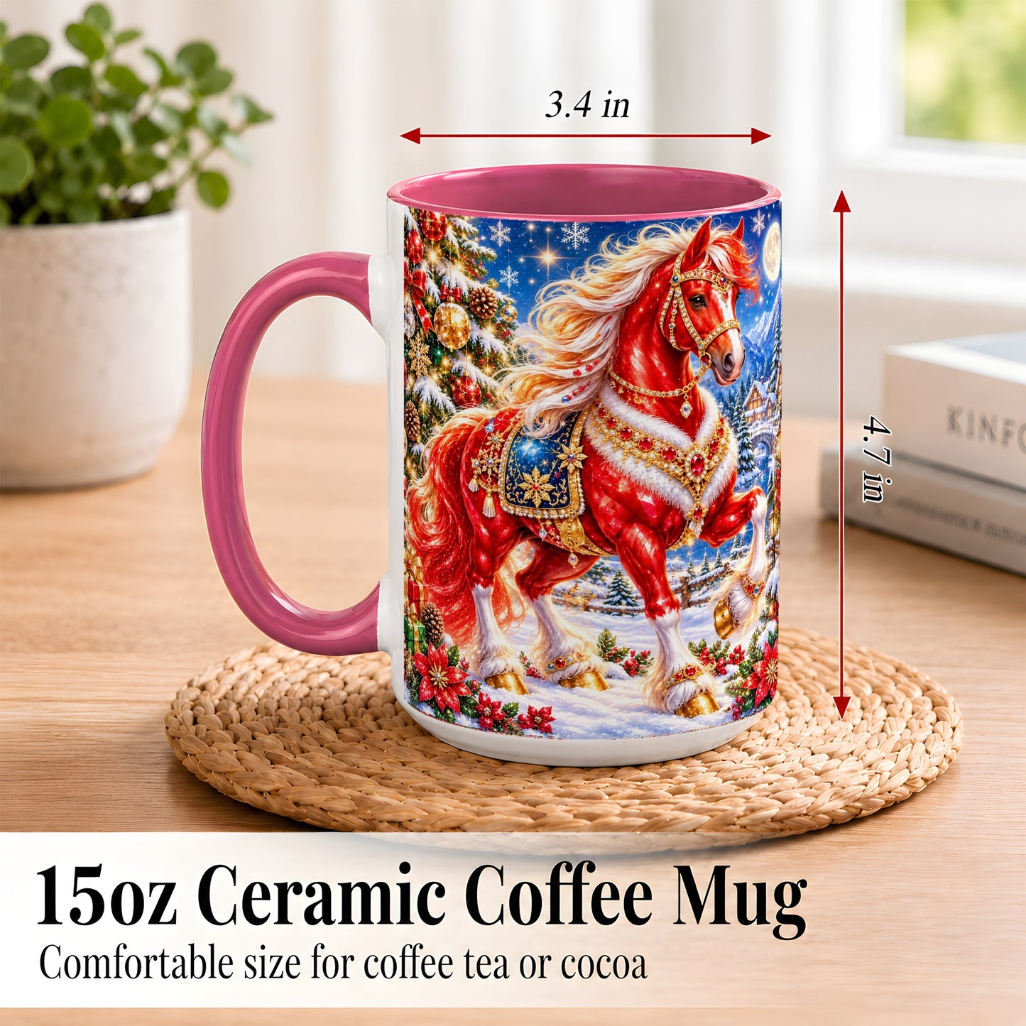 #pl[15oz|Pink] Jeweled Christmas Horse Coffee Mug, Red Horse Mug, Ceramic Cup
