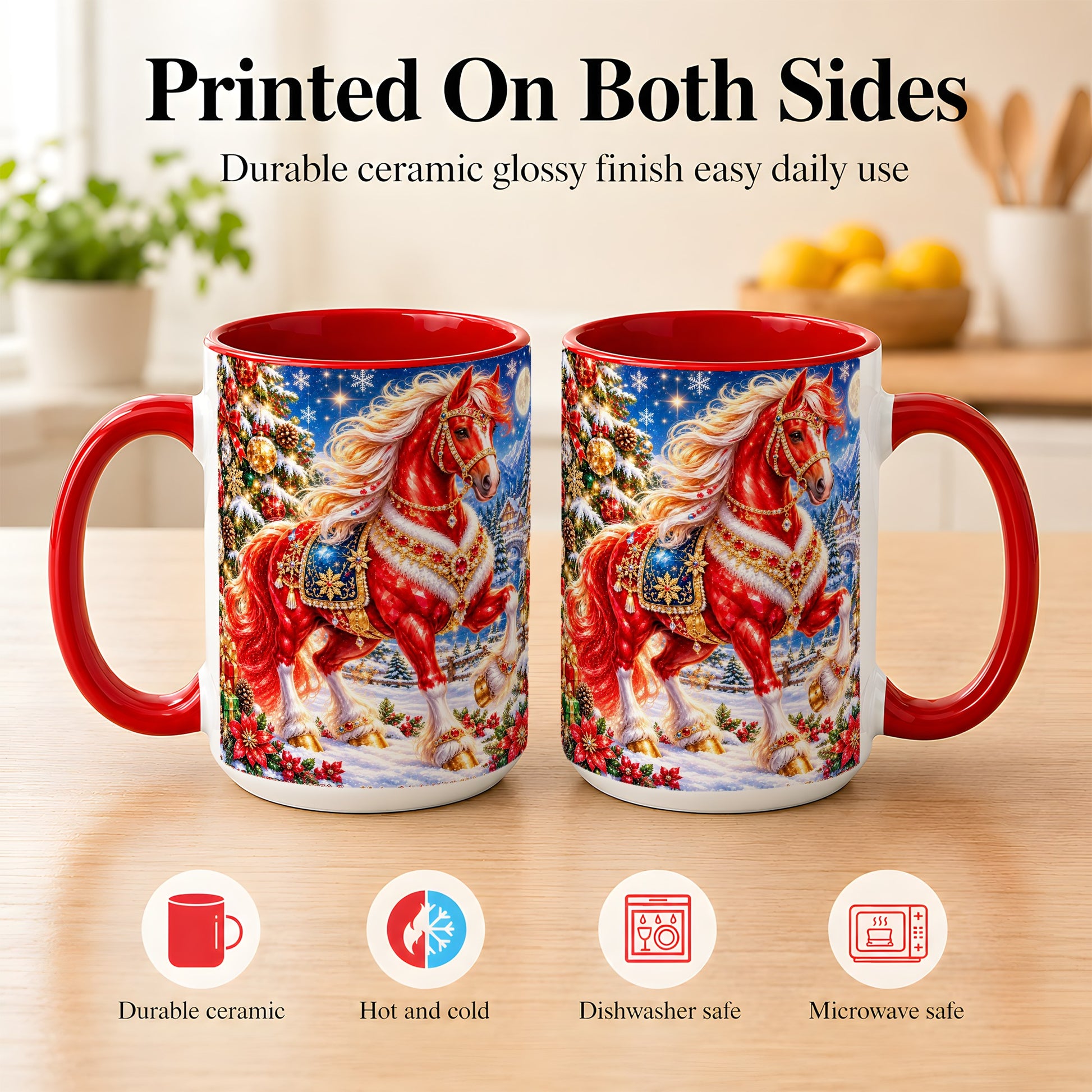 #pl[15oz|Red] Jeweled Christmas Horse Coffee Mug, Red Horse Mug, Ceramic Cup