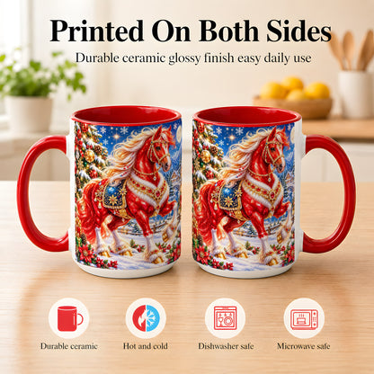 #pl[15oz|Red] Jeweled Christmas Horse Coffee Mug, Red Horse Mug, Ceramic Cup