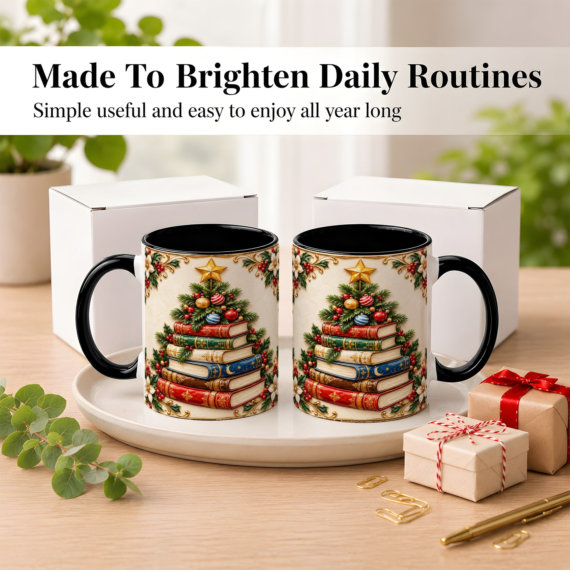 #pl[11oz|Black] Christmas Book Tree Coffee Mug, Holiday Books Mug, Ceramic Cup