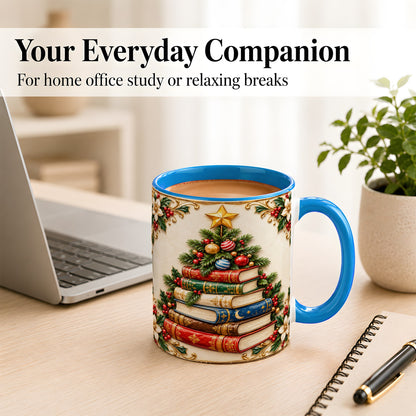 #pl[11oz|Blue] Christmas Book Tree Coffee Mug, Holiday Books Mug, Ceramic Cup