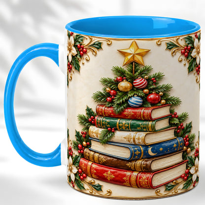 #pl[11oz|Blue] Christmas Book Tree Coffee Mug, Holiday Books Mug, Ceramic Cup