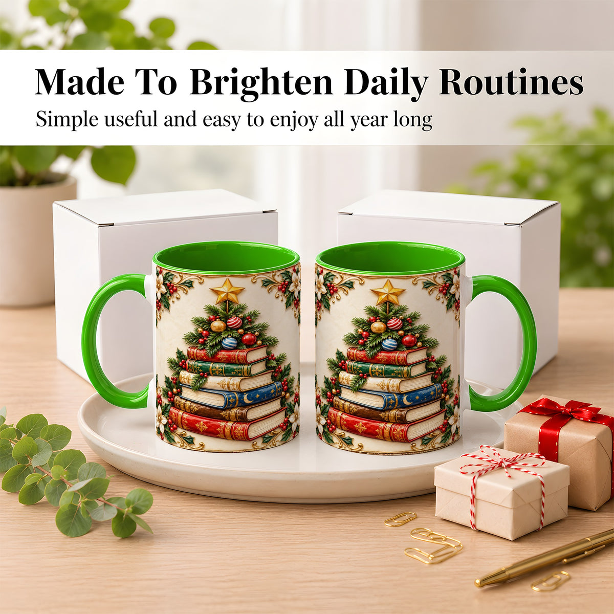 #pl[11oz|Green] Christmas Book Tree Coffee Mug, Holiday Books Mug, Ceramic Cup