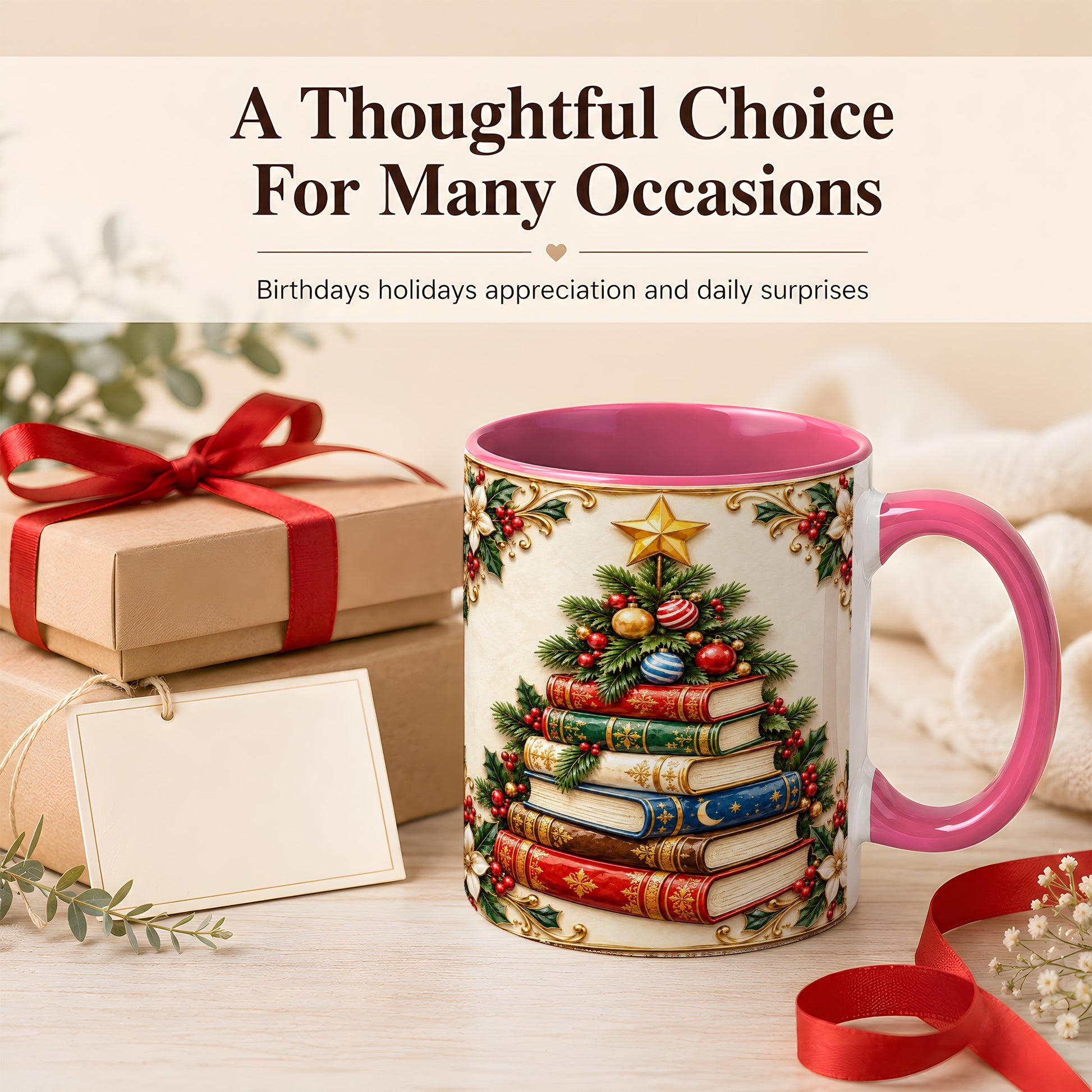 #pl[11oz|Pink] Christmas Book Tree Coffee Mug, Holiday Books Mug, Ceramic Cup