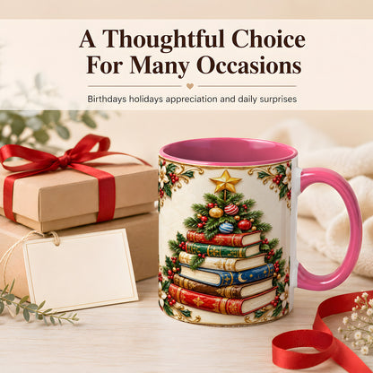 #pl[11oz|Pink] Christmas Book Tree Coffee Mug, Holiday Books Mug, Ceramic Cup