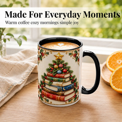 #pl[15oz|Black] Christmas Book Tree Coffee Mug, Holiday Books Mug, Ceramic Cup