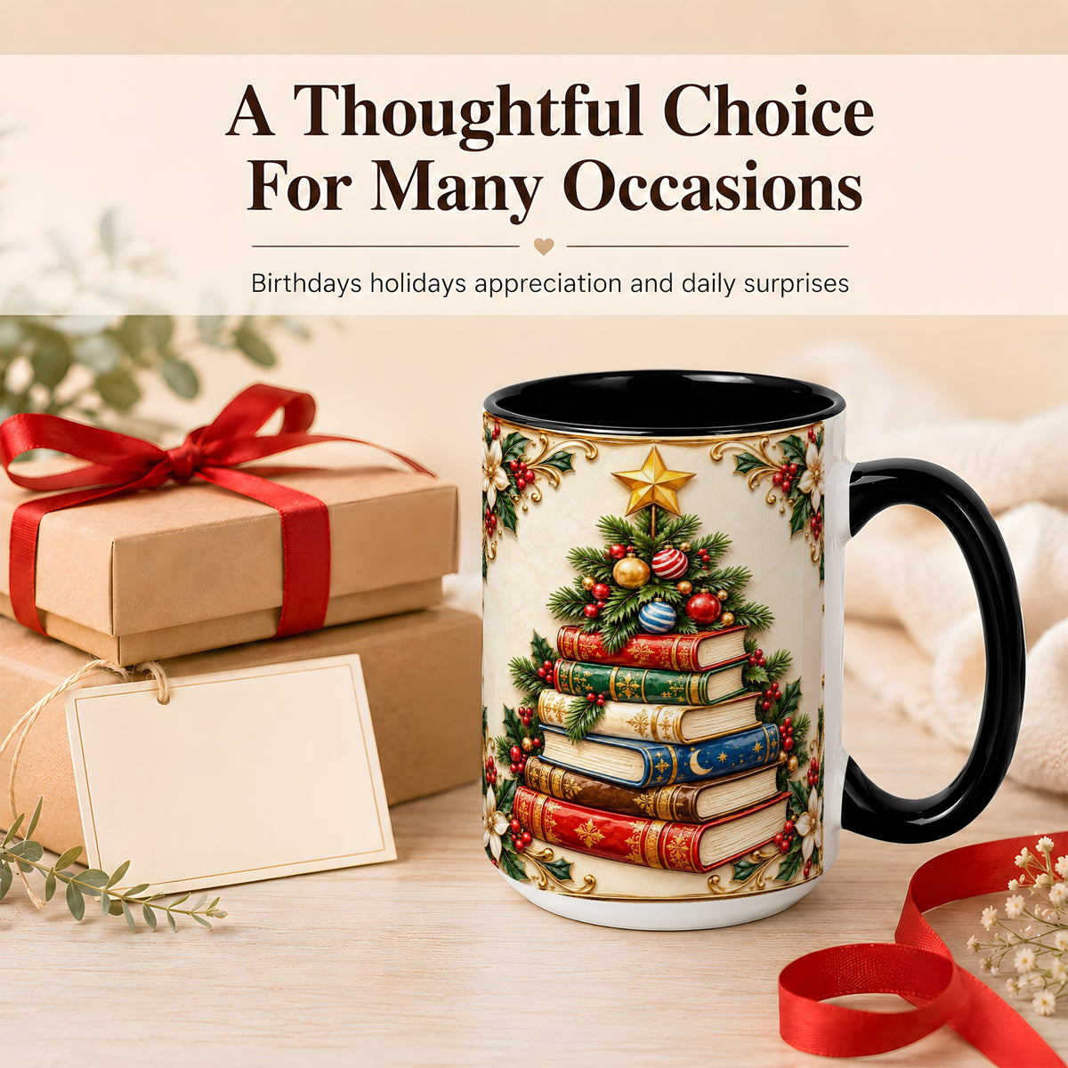 #pl[15oz|Black] Christmas Book Tree Coffee Mug, Holiday Books Mug, Ceramic Cup
