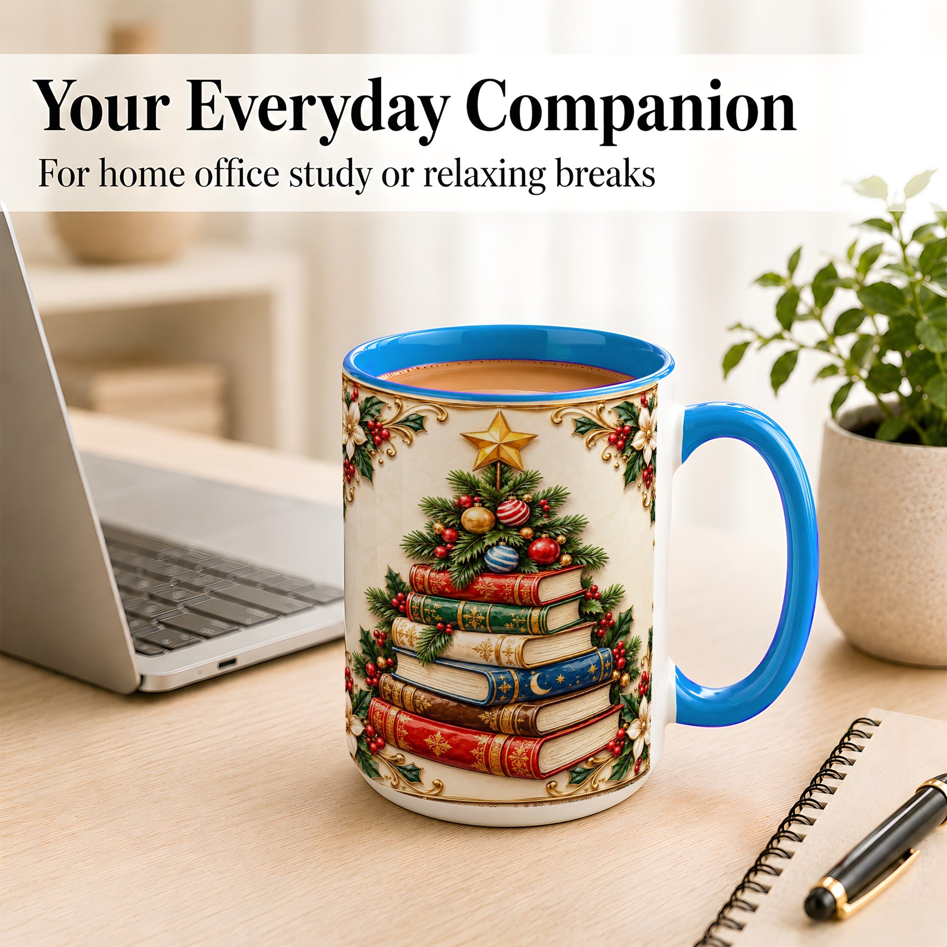 #pl[15oz|Blue] Christmas Book Tree Coffee Mug, Holiday Books Mug, Ceramic Cup
