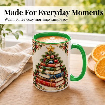 #pl[15oz|Green] Christmas Book Tree Coffee Mug, Holiday Books Mug, Ceramic Cup