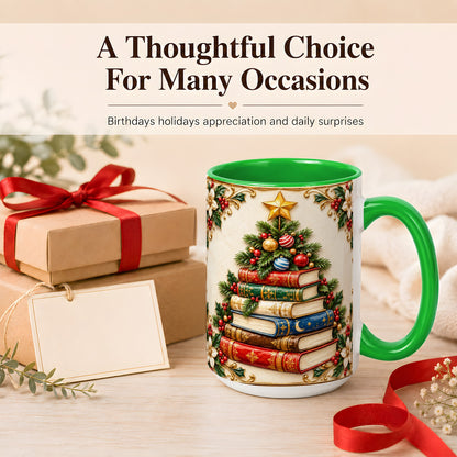 #pl[15oz|Green] Christmas Book Tree Coffee Mug, Holiday Books Mug, Ceramic Cup