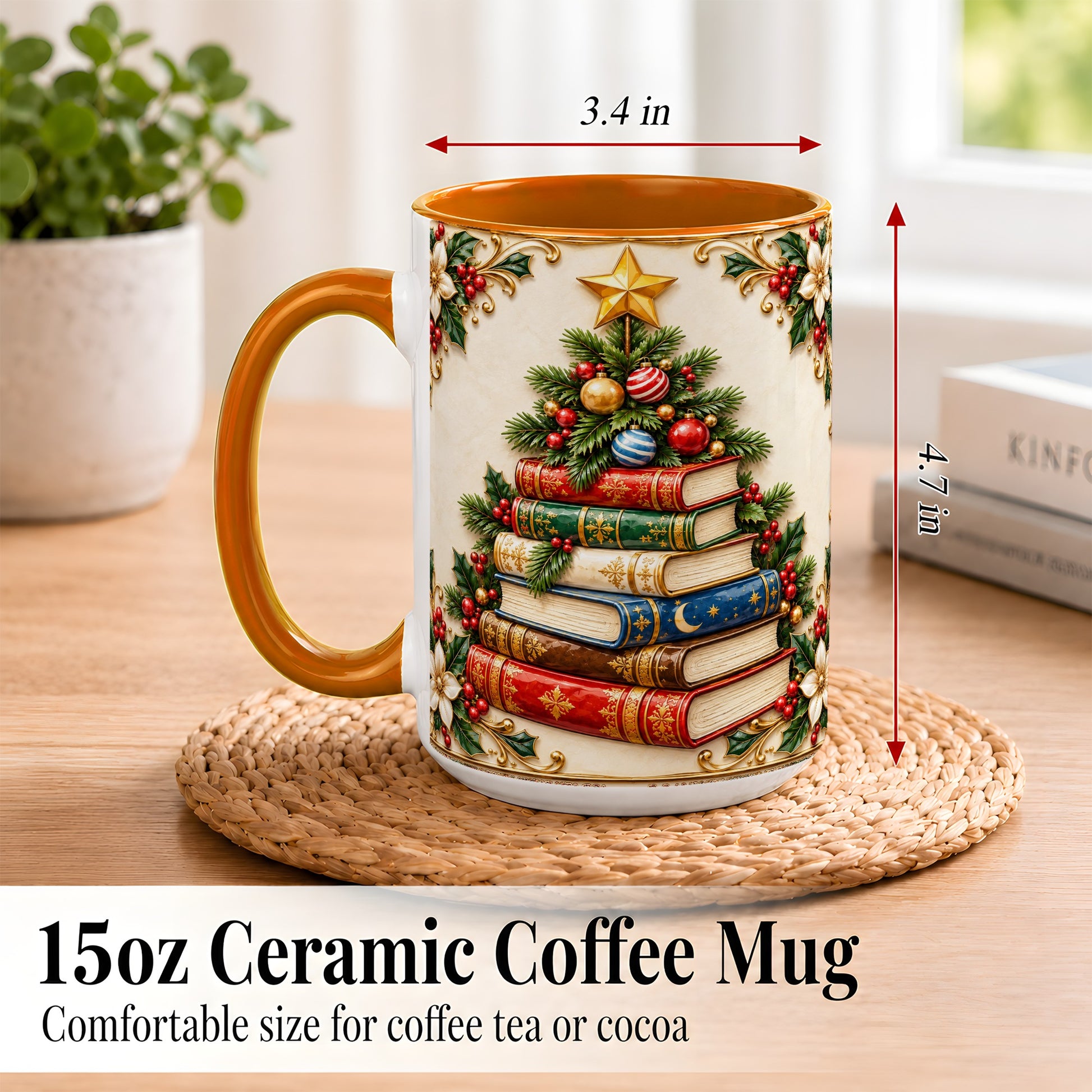 #pl[15oz|Orange] Christmas Book Tree Coffee Mug, Holiday Books Mug, Ceramic Cup