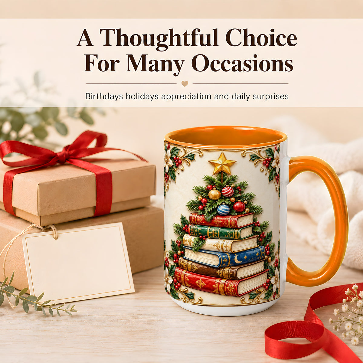#pl[15oz|Orange] Christmas Book Tree Coffee Mug, Holiday Books Mug, Ceramic Cup