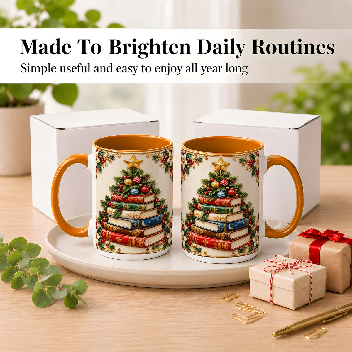 #pl[15oz|Orange] Christmas Book Tree Coffee Mug, Holiday Books Mug, Ceramic Cup