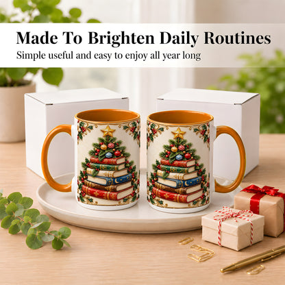 #pl[15oz|Orange] Christmas Book Tree Coffee Mug, Holiday Books Mug, Ceramic Cup