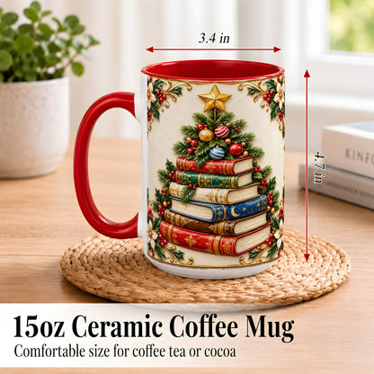 #pl[15oz|Red] Christmas Book Tree Coffee Mug, Holiday Books Mug, Ceramic Cup